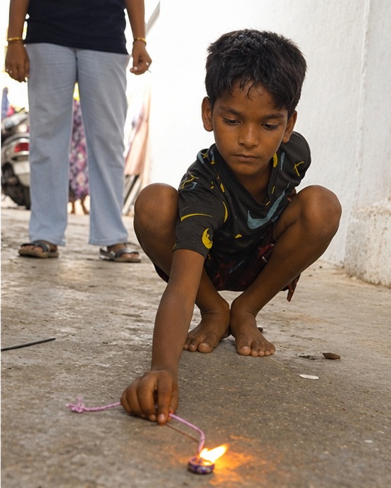 A child lighting a Diwali sparkler