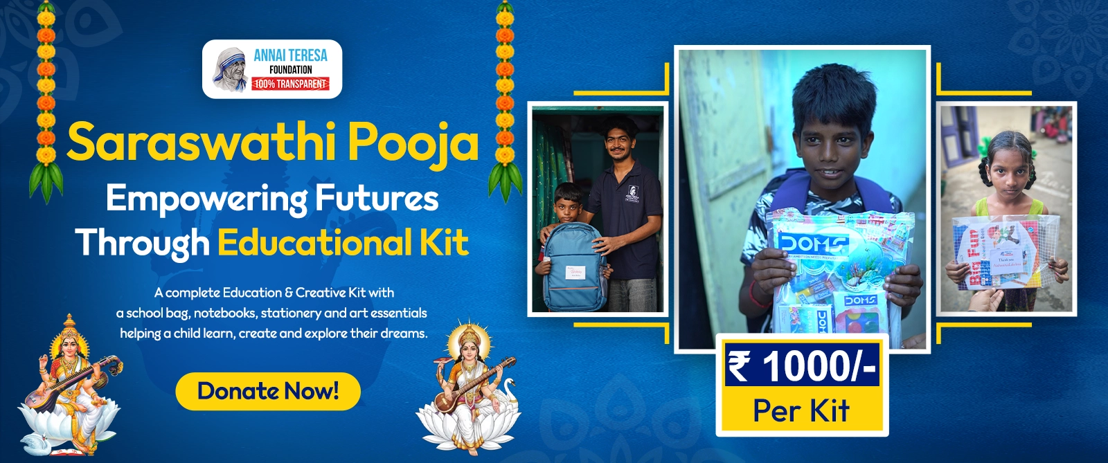 Saraswathi Pooja educational kits for homeless children, ₹1,000 per kit